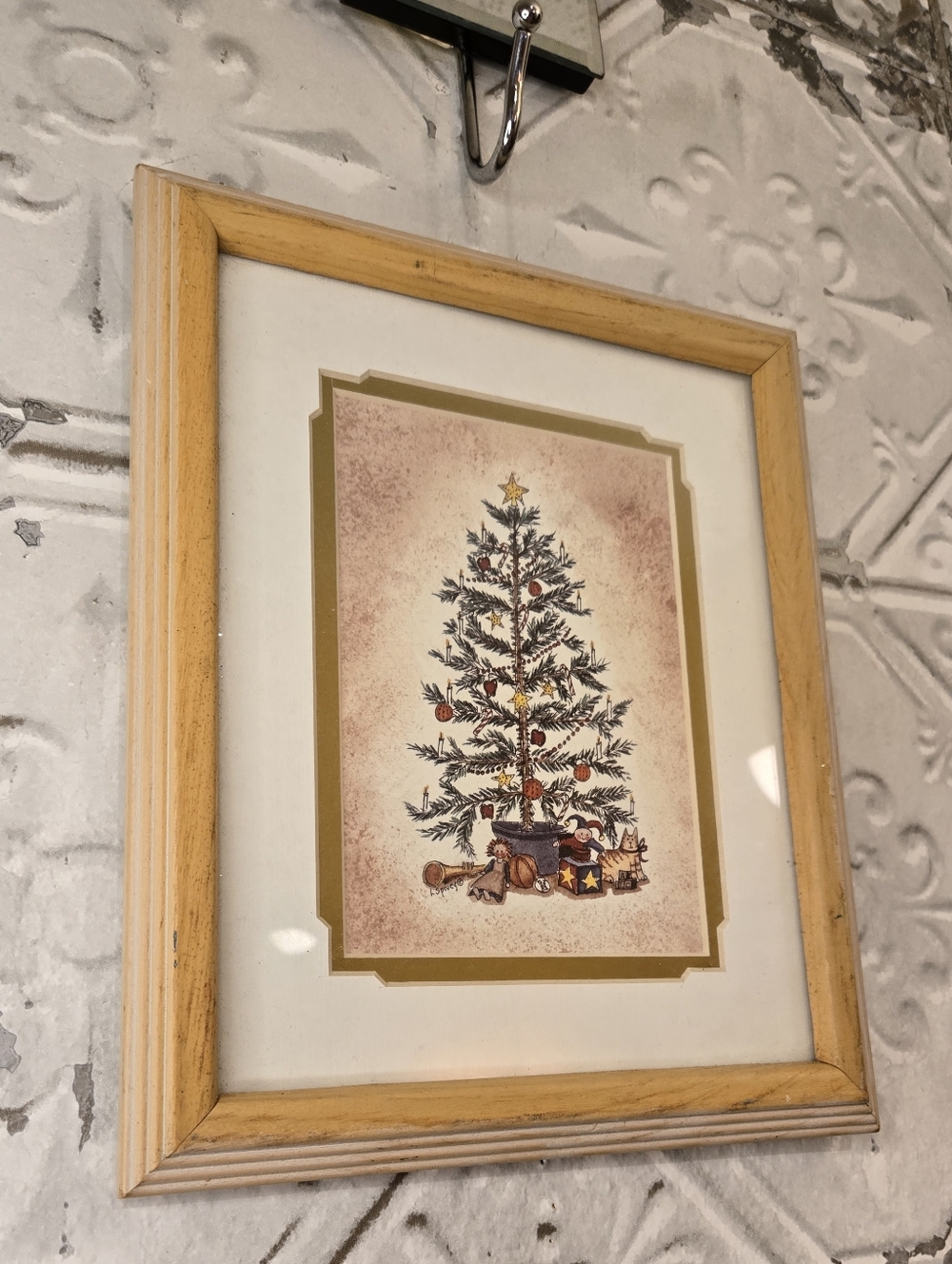 Framed Vintage Christmas Tree Art Print in Light Wood Frame Artist Linda Spivey